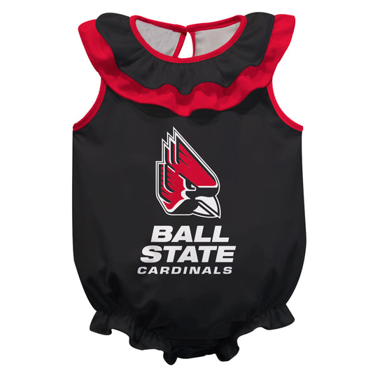 Ball State Cardinals Black Sleeveless Ruffle One Piece Jumpsuit Mascot Bodysuit by Vive La Fete