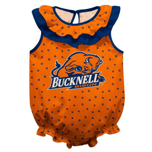 Bucknell University Bison Swirls Orange Sleeveless Ruffle One Piece Jumpsuit Logo Bodysuit by Vive La Fete