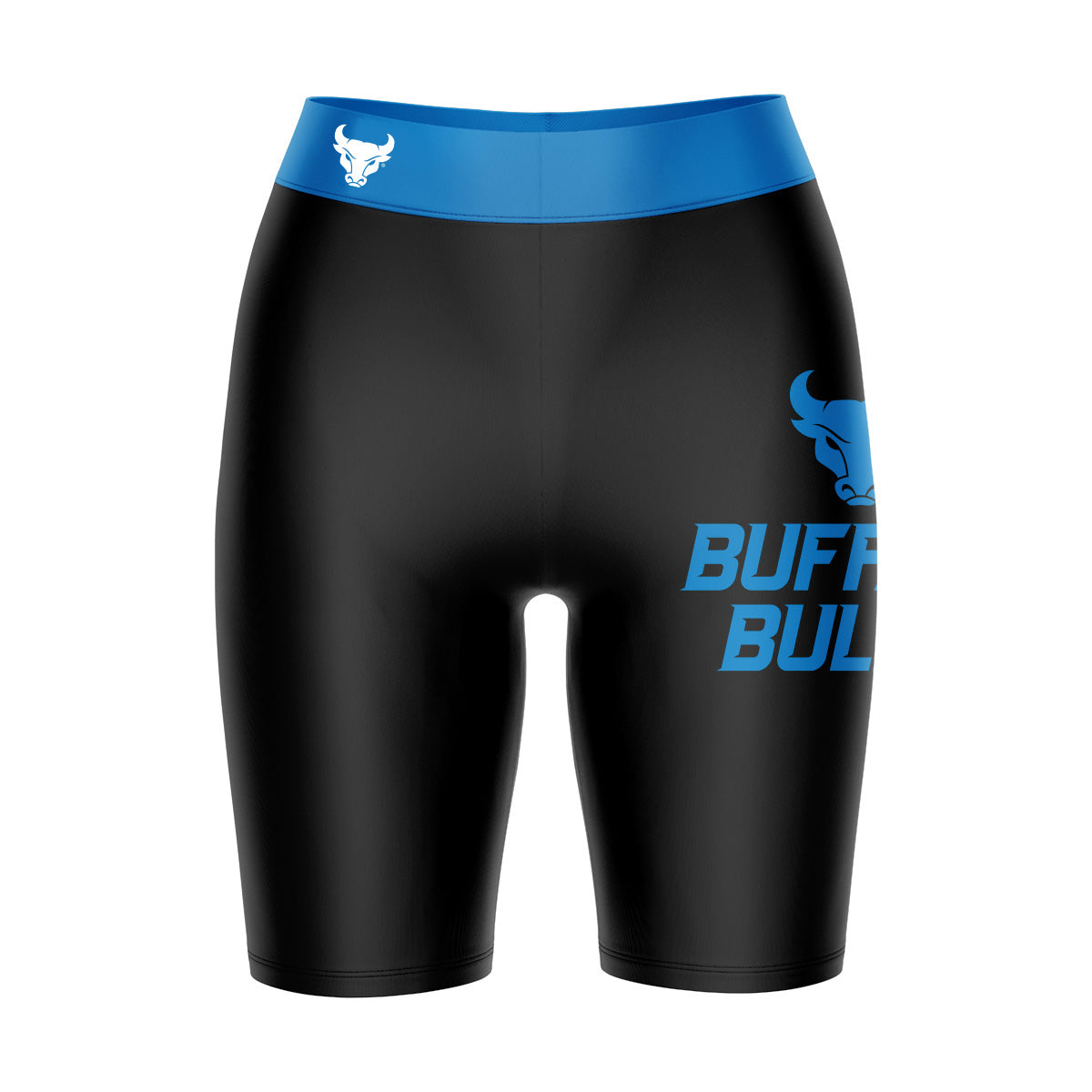 Buffalo Bulls Vive La Fete Game Day Logo on Thigh and Waistband Black and Blue Women Bike Short 9 Inseam"