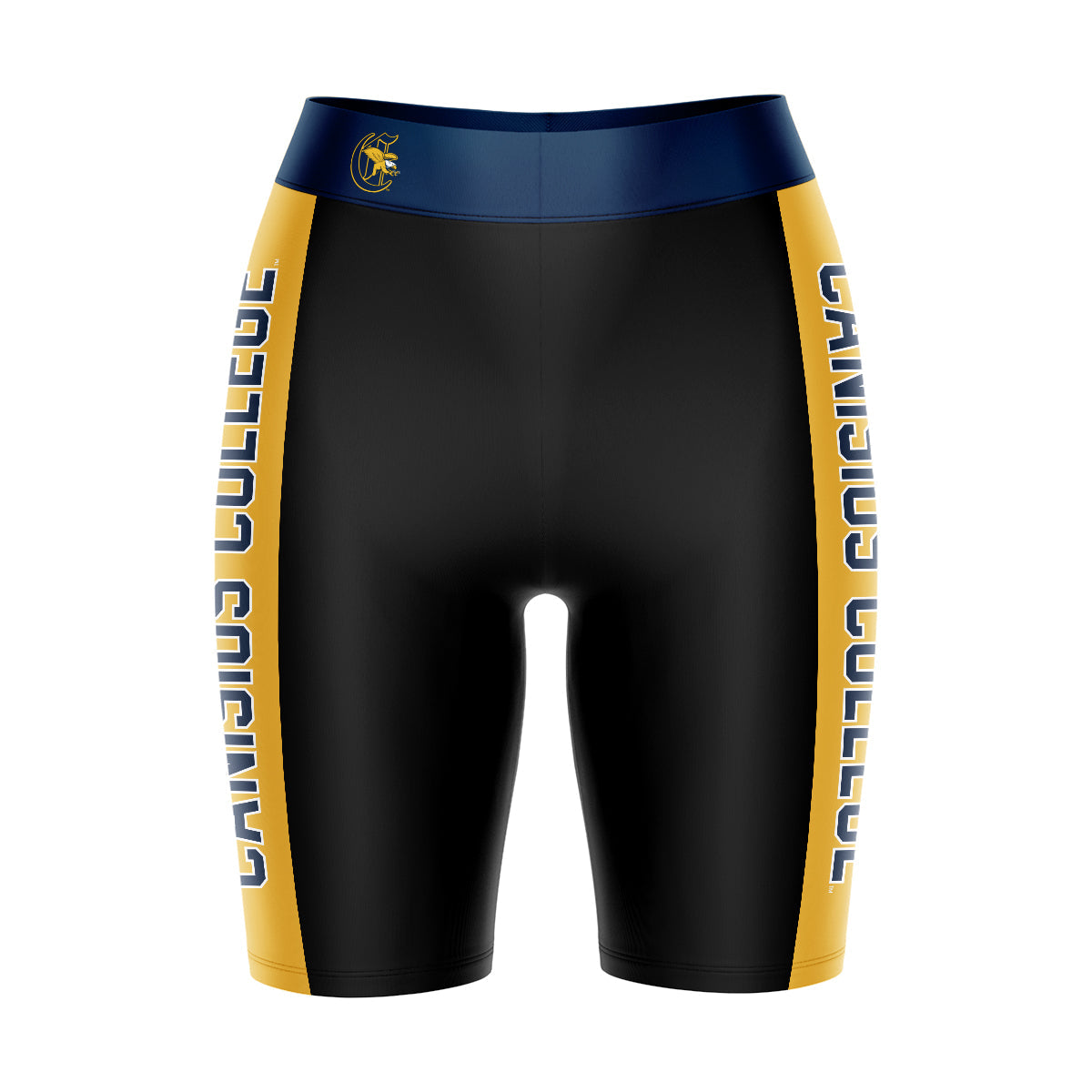 Canisius College Griffs Vive La Fete Game Day Logo on Waistband and Gold Stripes Black Women Bike Short 9 Inseam