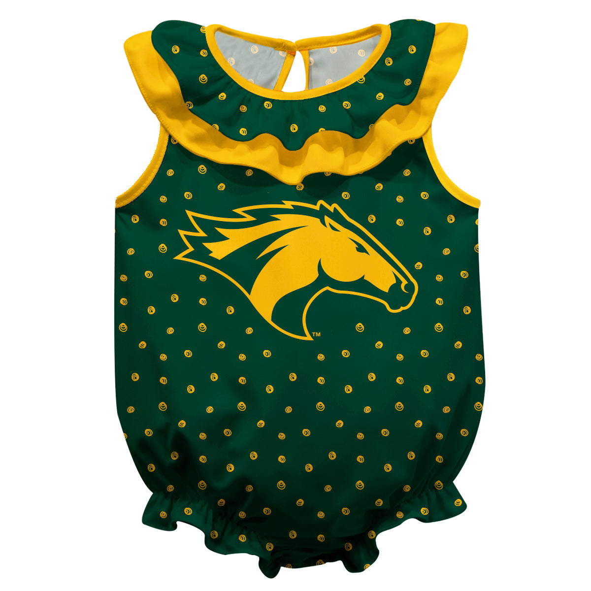 Cal Poly Pomona Broncos Swirls Green Sleeveless Ruffle One Piece Jumpsuit Logo Bodysuit by Vive La Fete, Infant / 12M