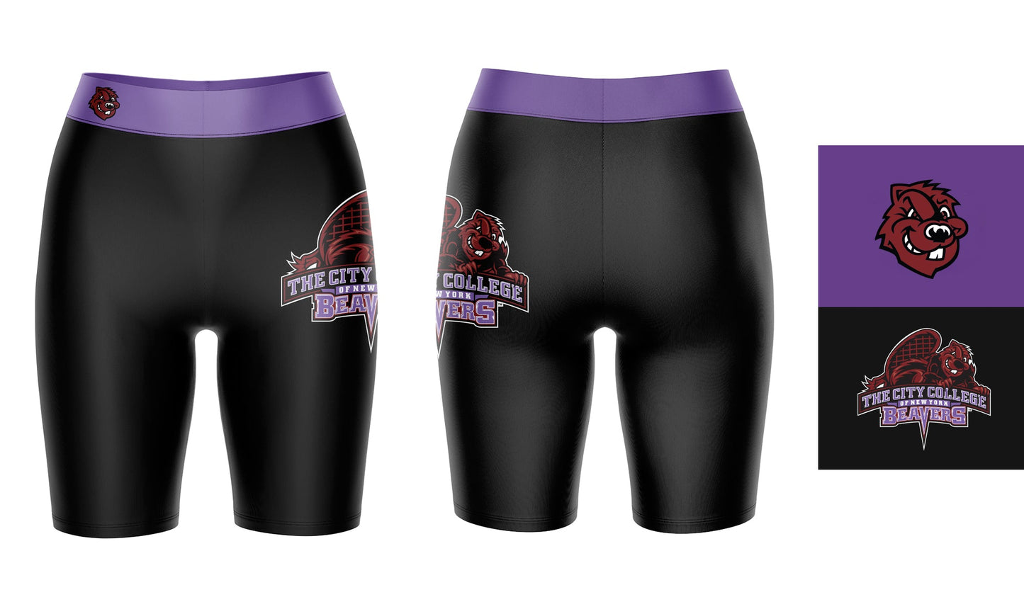 City College of New York Beavers Vive La Fete Logo on Thigh and Waistband Black and Purple Women Bike Short 9 Inseam