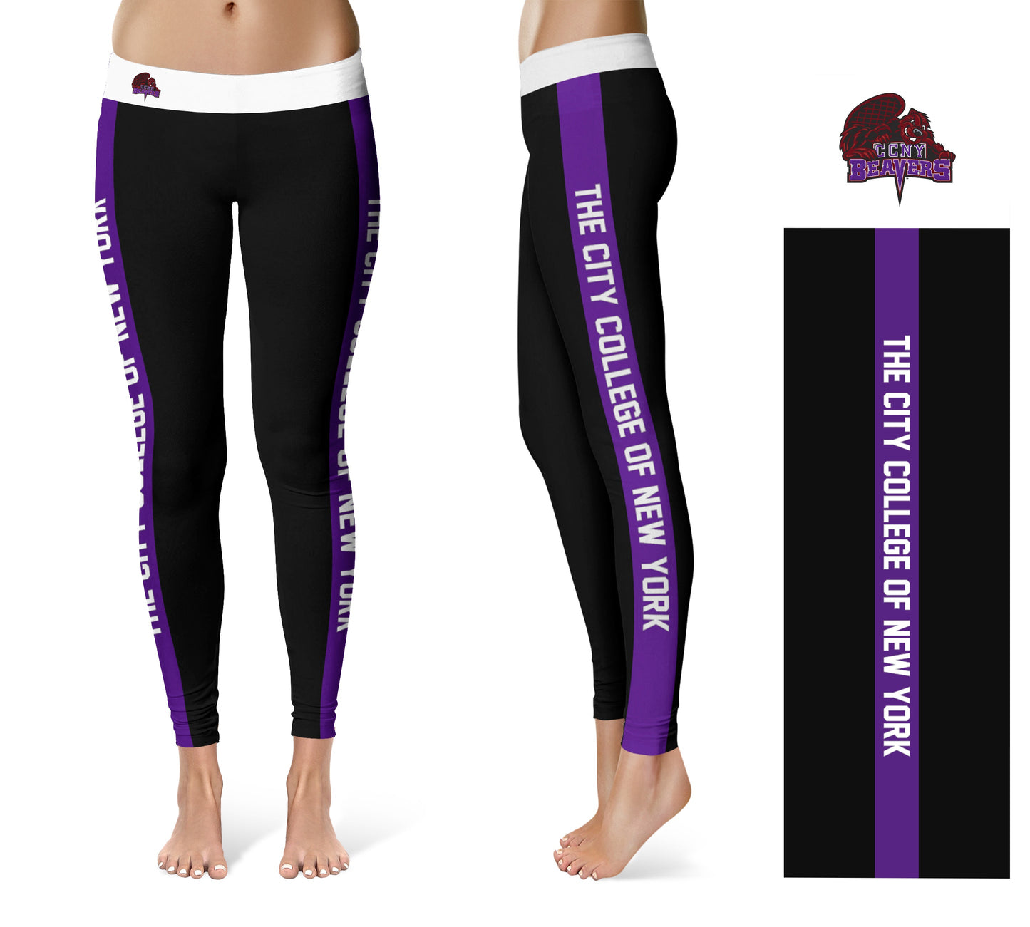 City College of New York CCNY Beavers Vive La Fete Collegiate Purple Stripes Women Black Yoga Leggings 2 Waist Tights