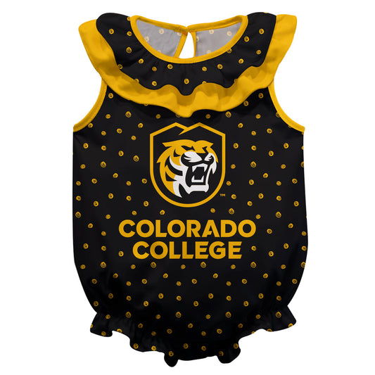 Colorado College Tigers Swirls Black Sleeveless Ruffle One Piece Jumpsuit Logo Bodysuit by Vive La Fete