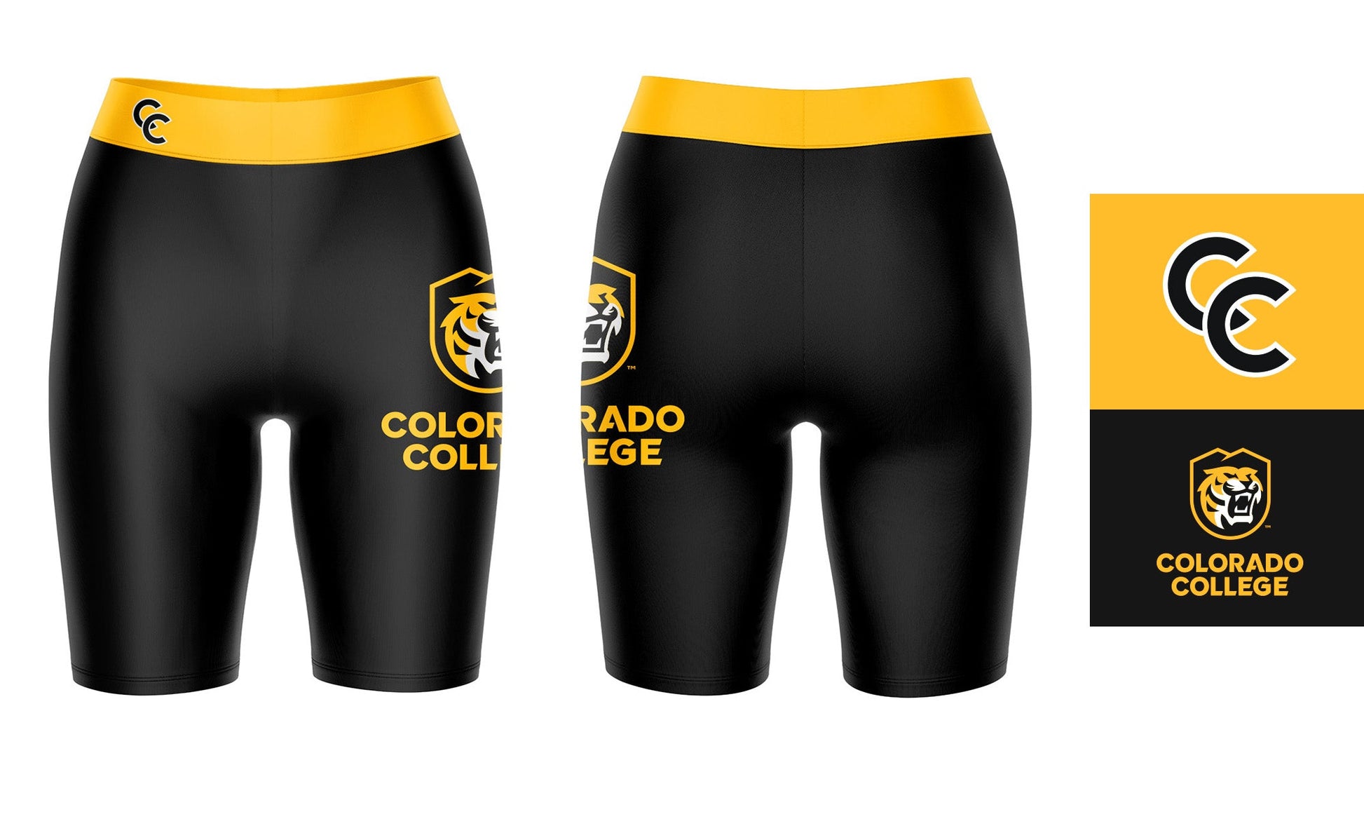 Colorado College Tigers Vive La Fete Game Day Logo on Thigh and Waistband Black and Gold Women Bike Short 9 Inseam"