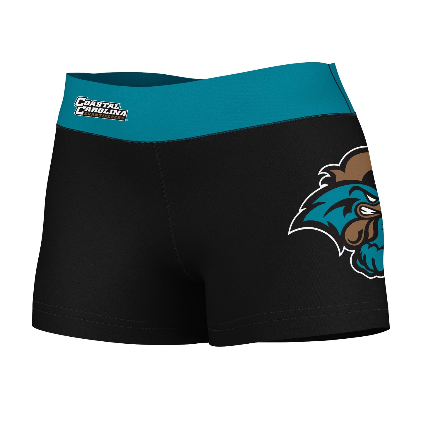 Coastal Carolina Chanticleers CCU Logo on Thigh & Waistband Black & Teal Women Yoga Booty Workout Shorts 3.75 Inseam