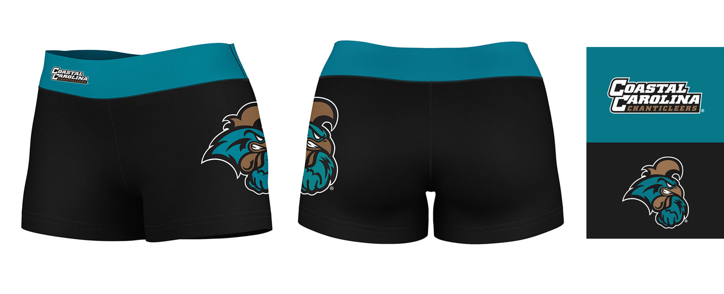 Coastal Carolina Chanticleers CCU Logo on Thigh & Waistband Black & Teal Women Yoga Booty Workout Shorts 3.75 Inseam - Vive La F̻te - Online Apparel Store