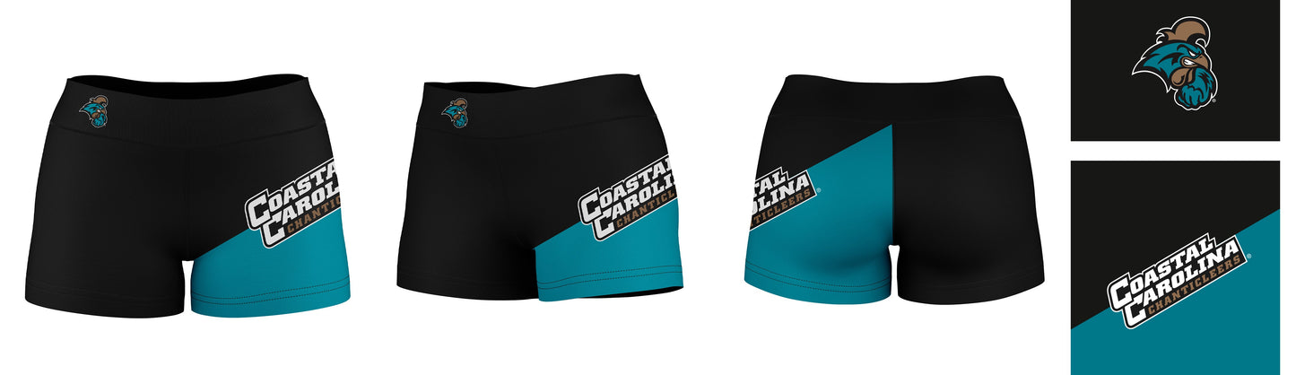 Coastal Carolina Chanticleers CCU Vive La Fete Game Day Collegiate Leg Color Block Women Black Teal Optimum Yoga Short - Vive La F̻te - Online Apparel Store