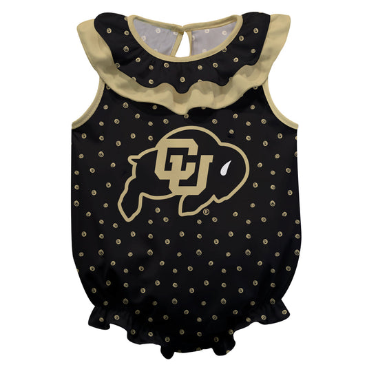 Colorado Buffaloes Swirls Black Sleeveless Ruffle One Piece Jumpsuit Logo Bodysuit by Vive La Fete