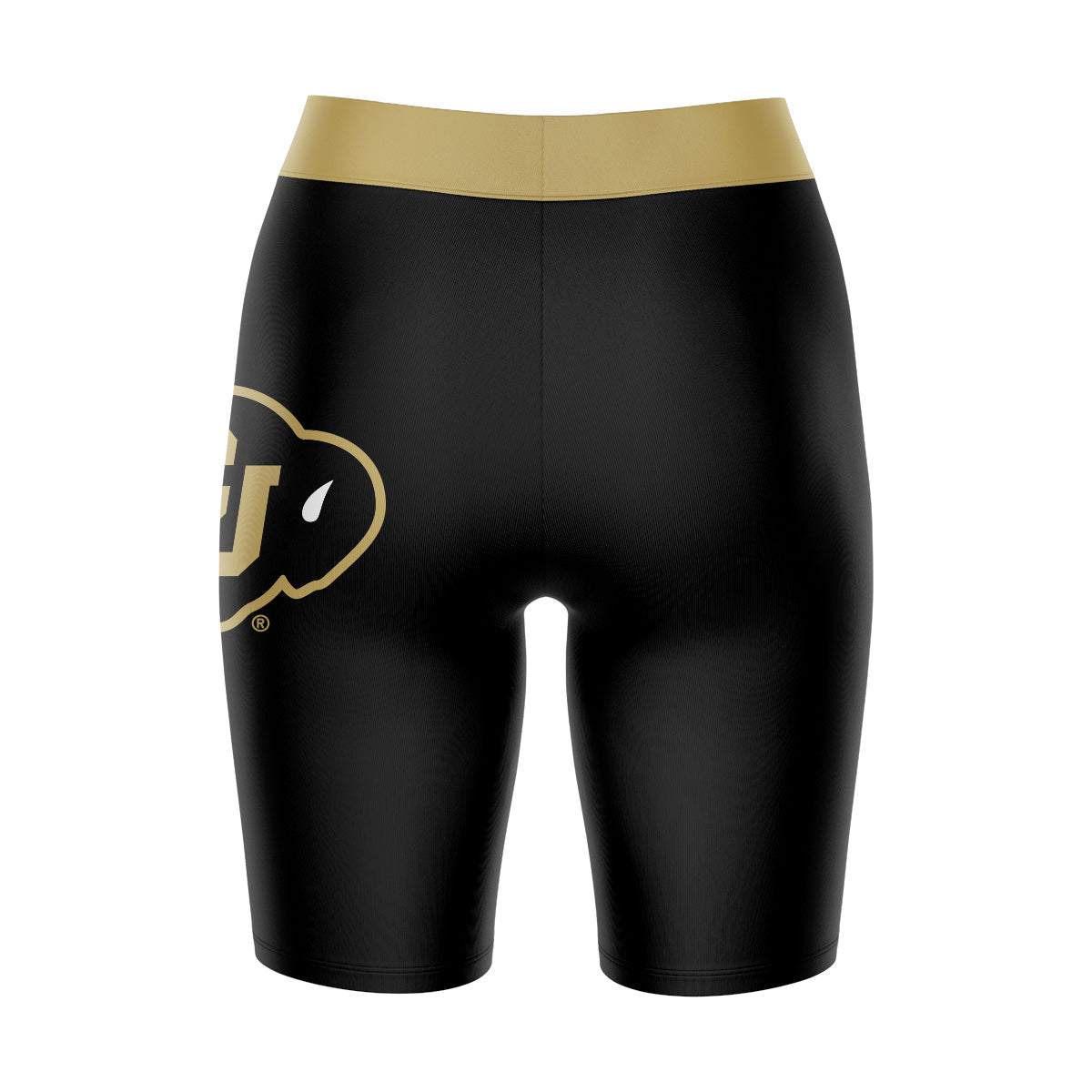 Colorado Buffaloes CU Vive La Fete Game Day Logo on Thigh and Waistband Black and Gold Women Bike Short 9 Inseam"