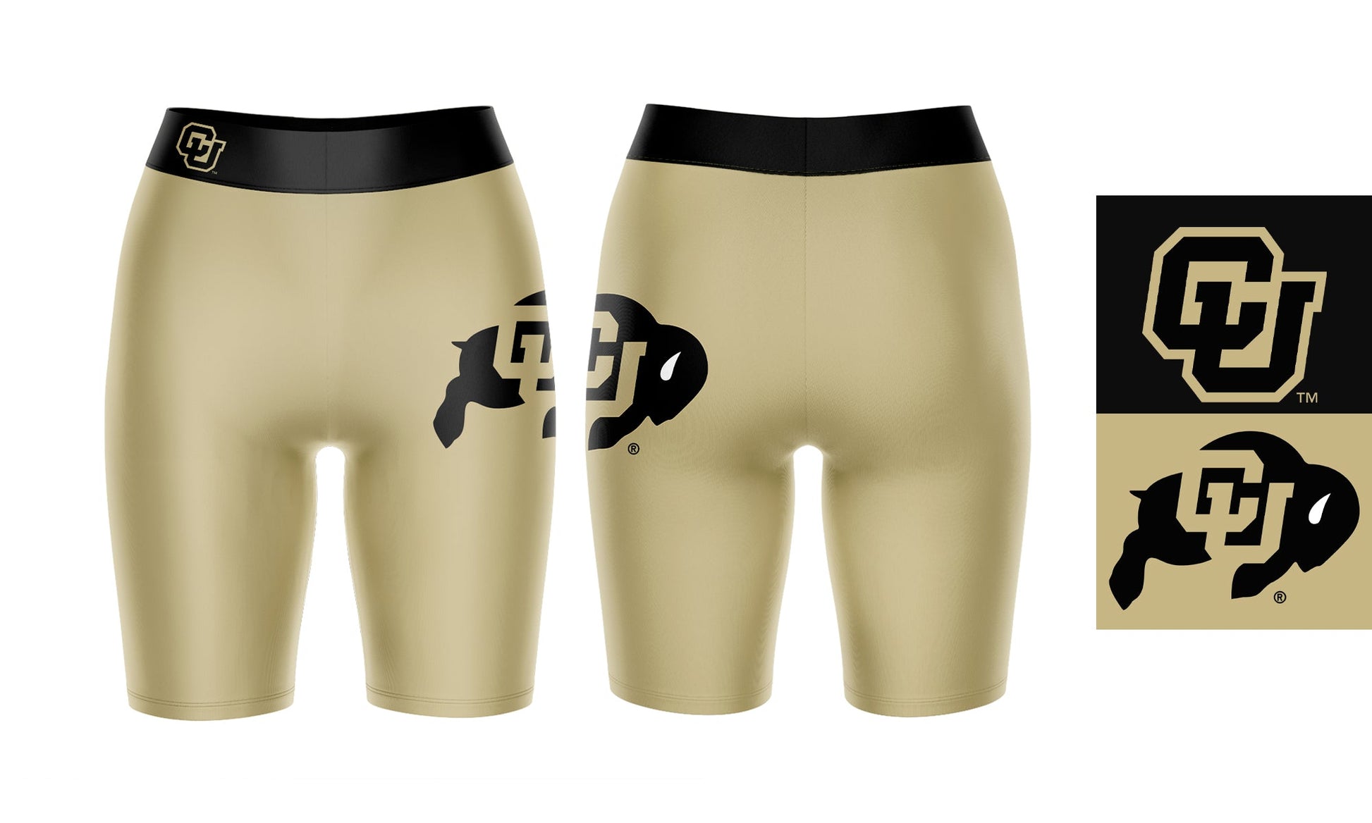 Colorado Buffaloes CU Vive La Fete Game Day Logo on Thigh and Waistband Gold and Black Women Bike Short 9 Inseam