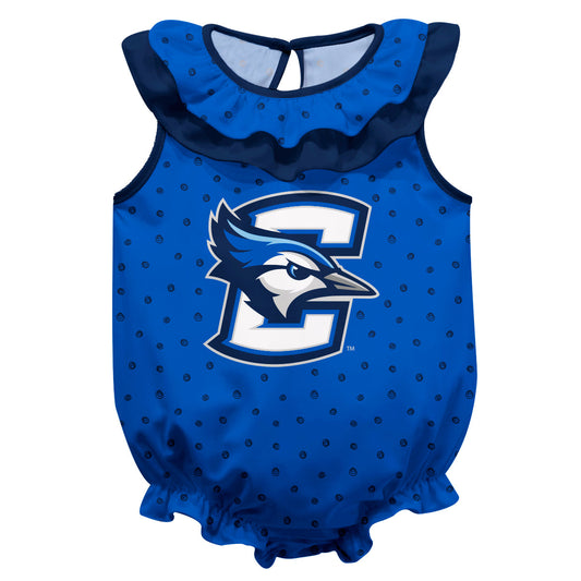 Creighton University Bluejays Swirls Blue Sleeveless Ruffle One Piece Jumpsuit Logo Bodysuit by Vive La Fete