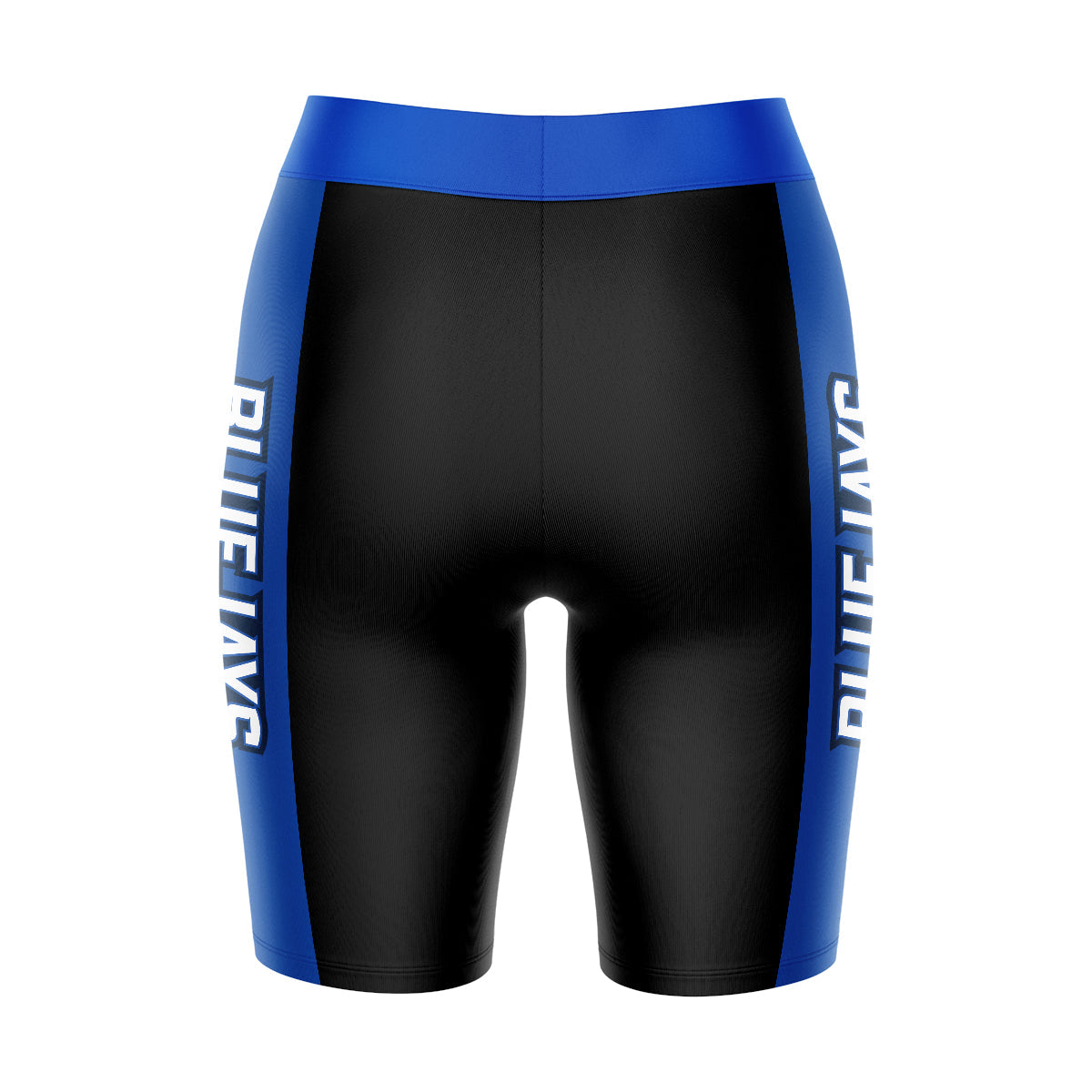 Creighton University Bluejays Vive La Fete Game Day Logo on Waistband and Blue Stripes Black Women Bike Short 9 Inseam