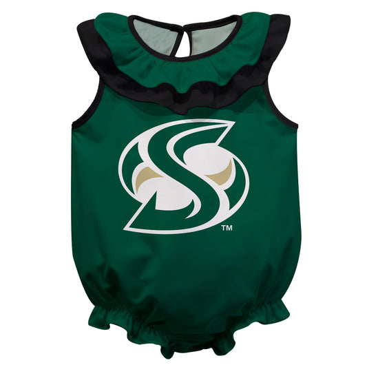 Sacramento State Hornets Green Sleeveless Ruffle One Piece Jumpsuit Logo Bodysuit by Vive La Fete
