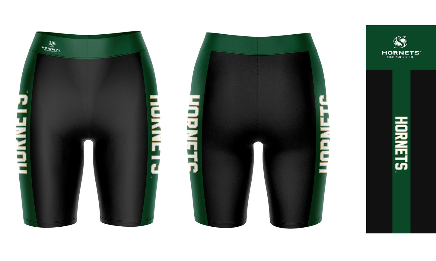 Sacramento State Hornets Vive La Fete Game Day Logo on Waistband and Green Stripes Black Women Bike Short 9 Inseam
