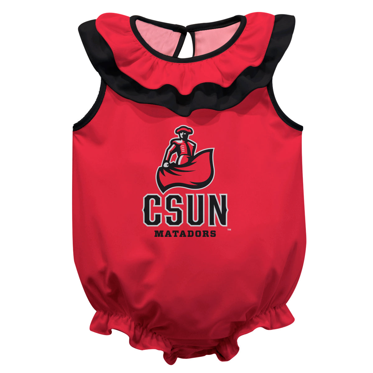 CSUN California State University Northridge Matadors Red Sleeveless Ruffle One Piece Jumpsuit Logo Bodysuit by Vive La Fete