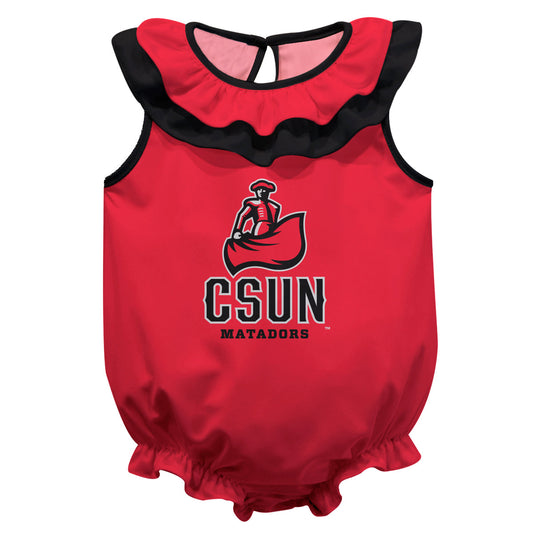 CSUN California State University Northridge Matadors Red Sleeveless Ruffle One Piece Jumpsuit Logo Bodysuit by Vive La Fete
