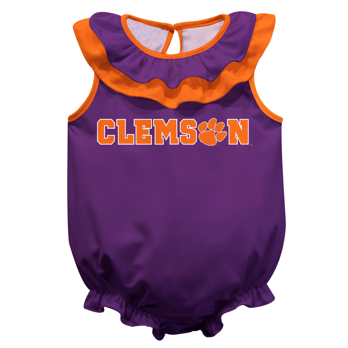 Clemson Tigers Purple Sleeveless Ruffle One Piece Jumpsuit Logo Bodysuit by Vive La Fete