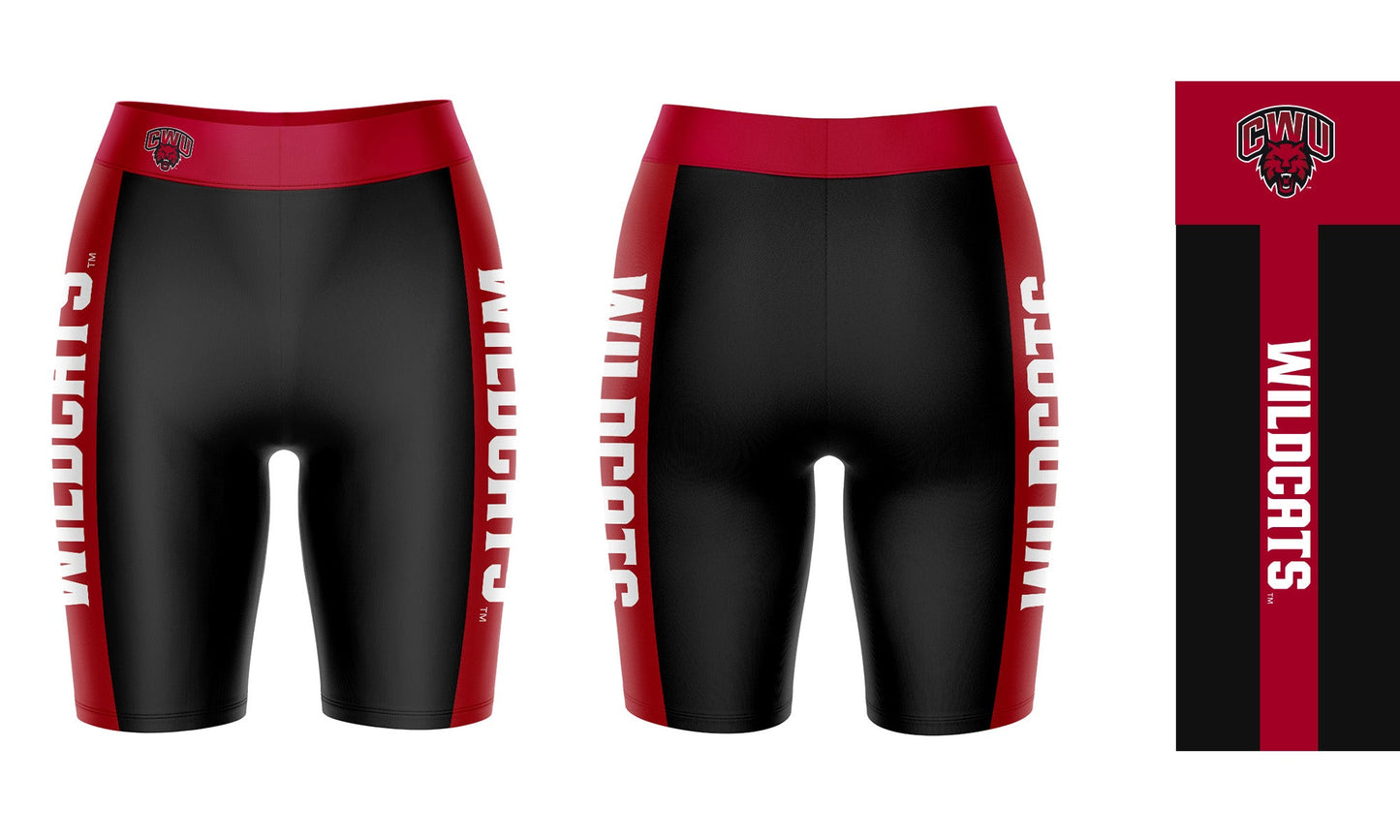 CWU Wildcats Vive La Fete Game Day Logo on Waistband and Red Stripes Black Women Bike Short 9 Inseam"