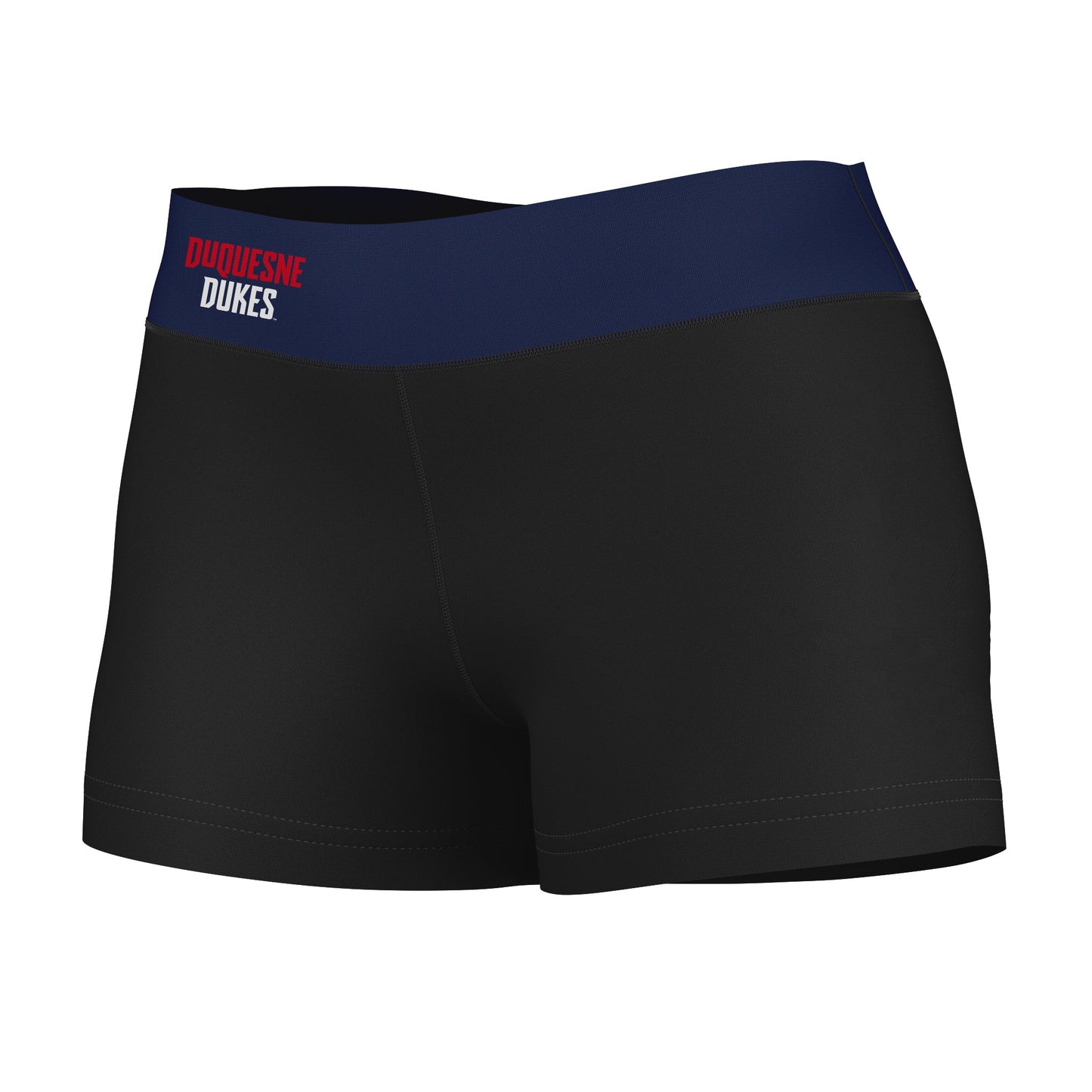 Duquesne Dukes Vive La Fete Game Day Logo on Thigh & Waistband Black & Blue Women Yoga Booty Workout Shorts 3.75 Inseam"