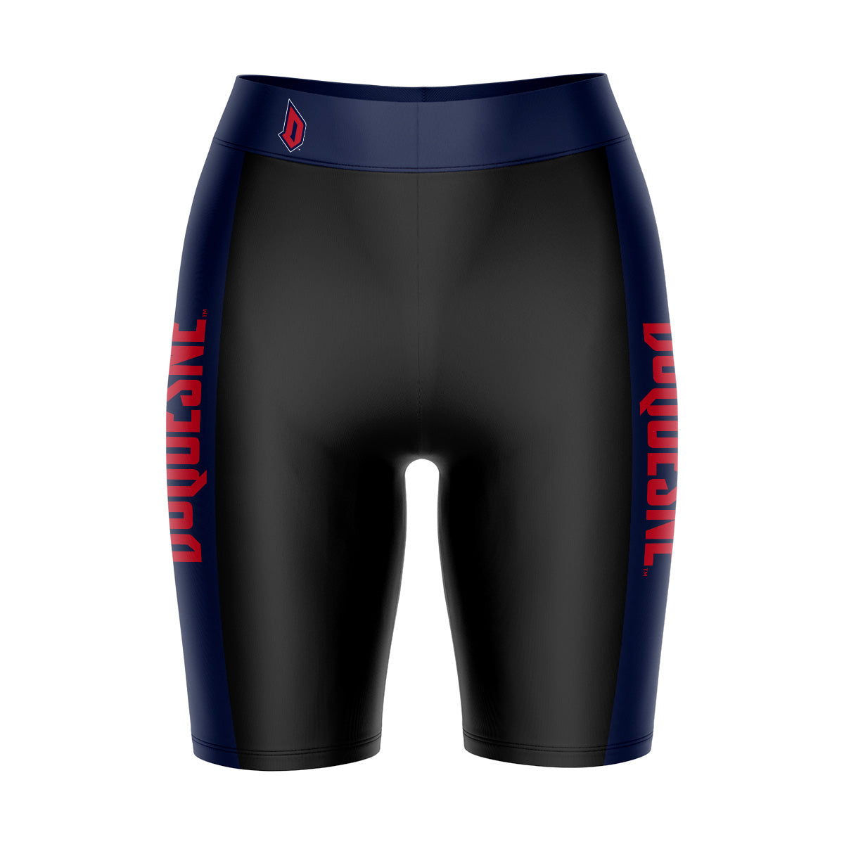 Duquesne Dukes Vive La Fete Game Day Logo on Waistband and Blue Stripes Black Women Bike Short 9 Inseam