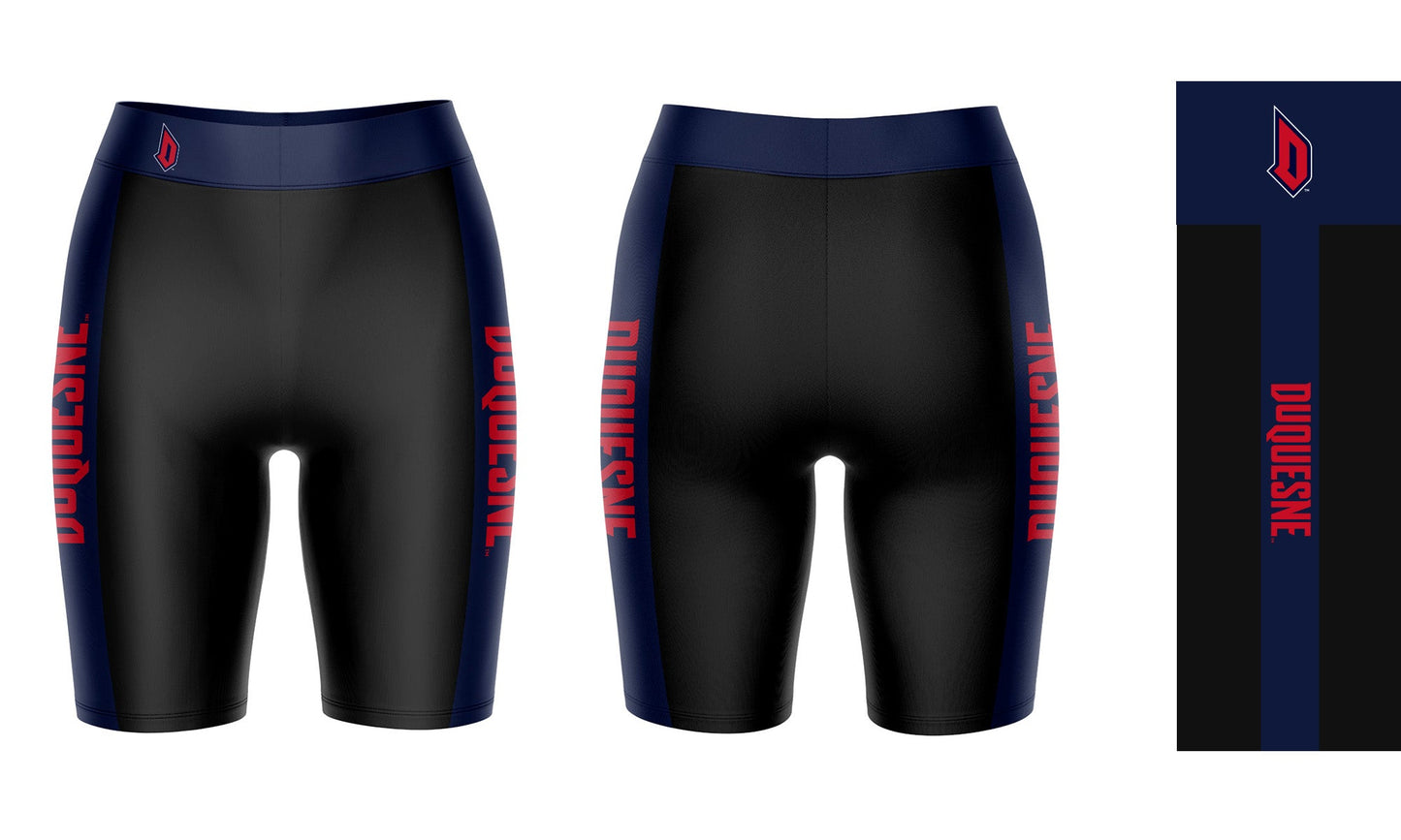Duquesne Dukes Vive La Fete Game Day Logo on Waistband and Blue Stripes Black Women Bike Short 9 Inseam
