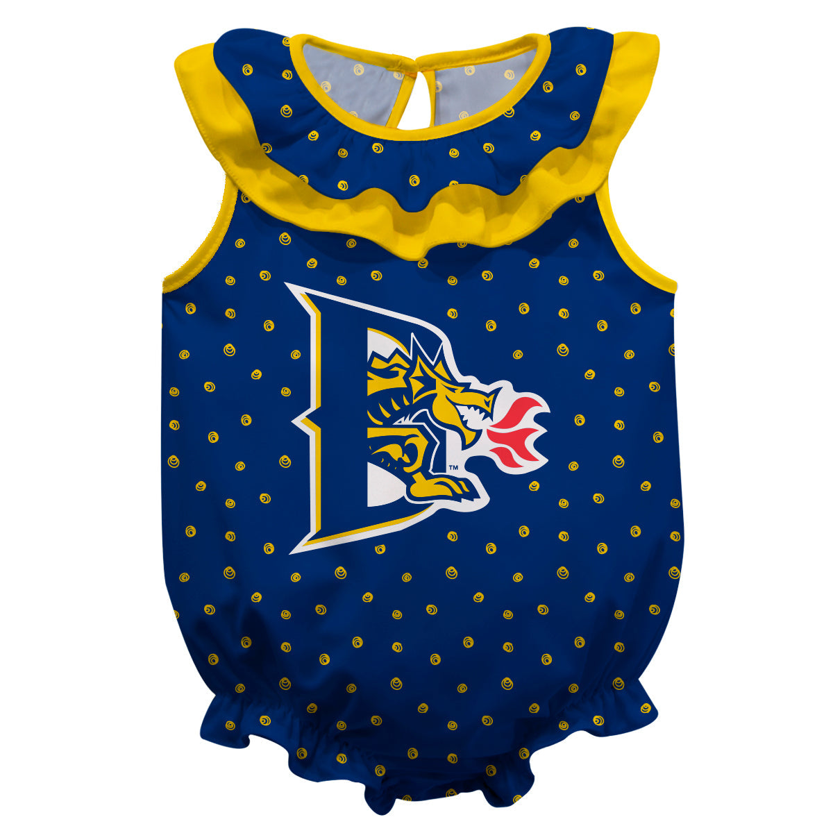 Drexel Dragon Swirls Blue Sleeveless Ruffle One Piece Jumpsuit Logo Bodysuit by Vive La Fete