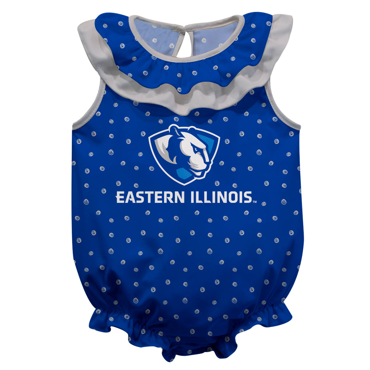 Eastern Illinois University Panthers Swirls Blue Sleeveless Ruffle One Piece Jumpsuit Logo Bodysuit by Vive La Fete