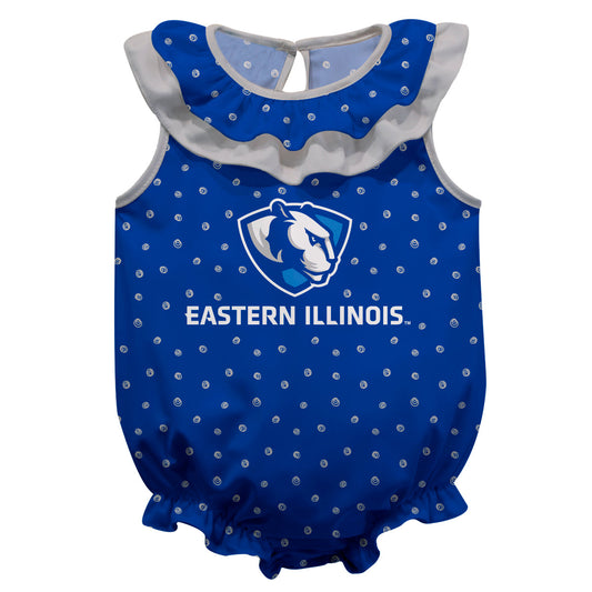 Eastern Illinois University Panthers Swirls Blue Sleeveless Ruffle One Piece Jumpsuit Logo Bodysuit by Vive La Fete