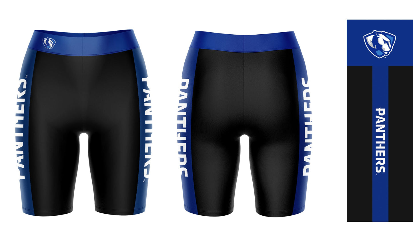 EIU Eastern Illinois University Vive La Fete Game Day Logo on Waistband and Blue Stripes Black Women Bike Short 9 Inseam