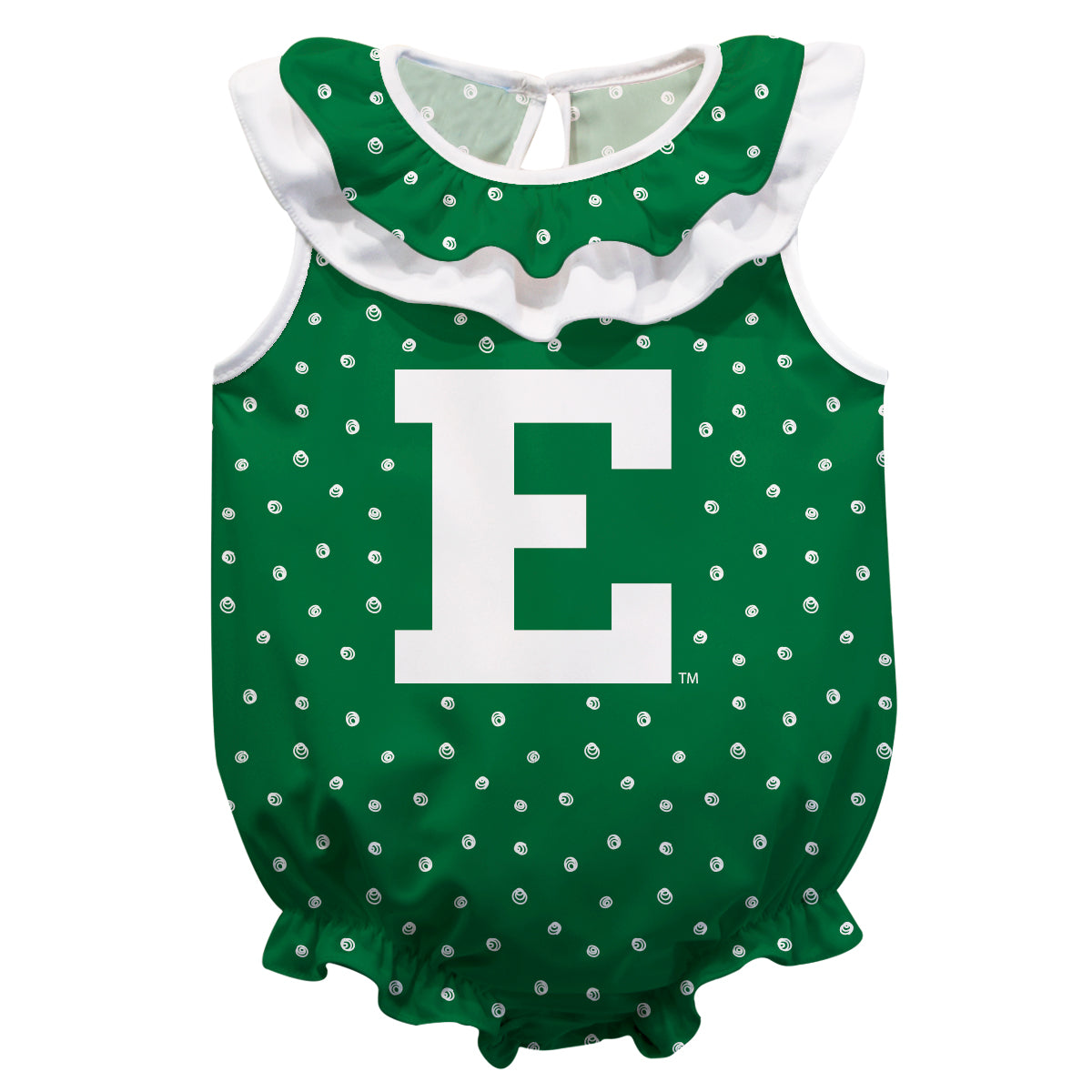 Eastern Michigan EaglesSwirls Green Sleeveless Ruffle One Piece Jumpsuit Logo Bodysuit by Vive La Fete