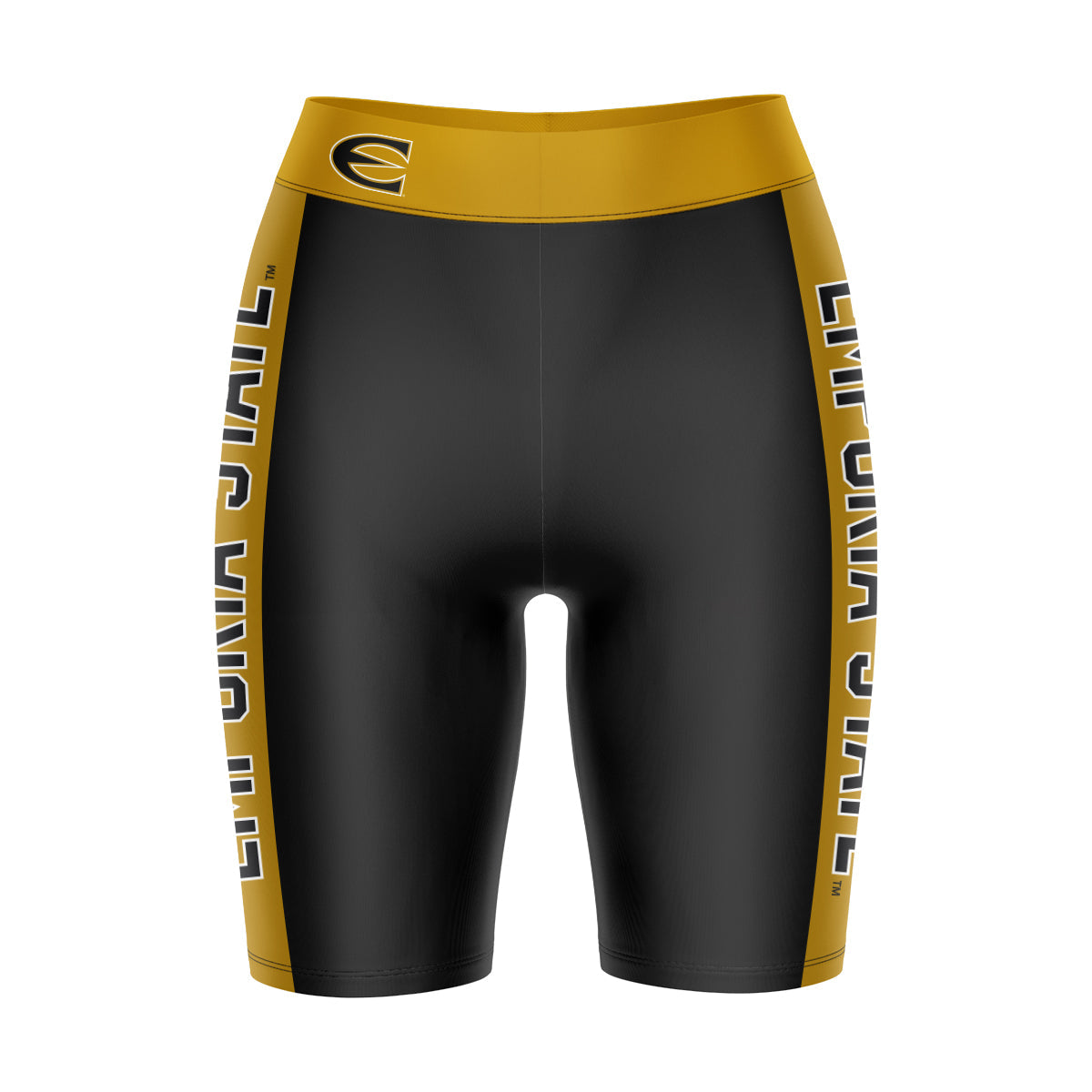 Emporia State Hornets Vive La Fete Game Day Logo on Waistband and Gold Stripes Black Women Bike Short 9 Inseam