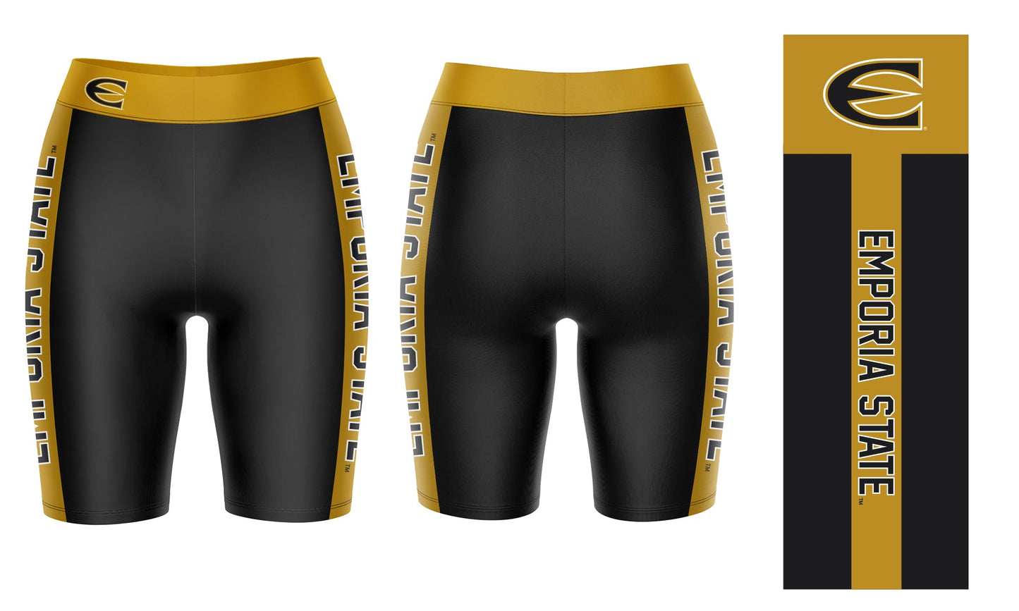 Emporia State Hornets Vive La Fete Game Day Logo on Waistband and Gold Stripes Black Women Bike Short 9 Inseam
