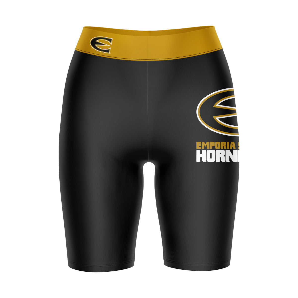 Emporia State Hornets Vive La Fete Game Day Logo on Thigh and Waistband Black and Gold Women Bike Short 9 Inseam