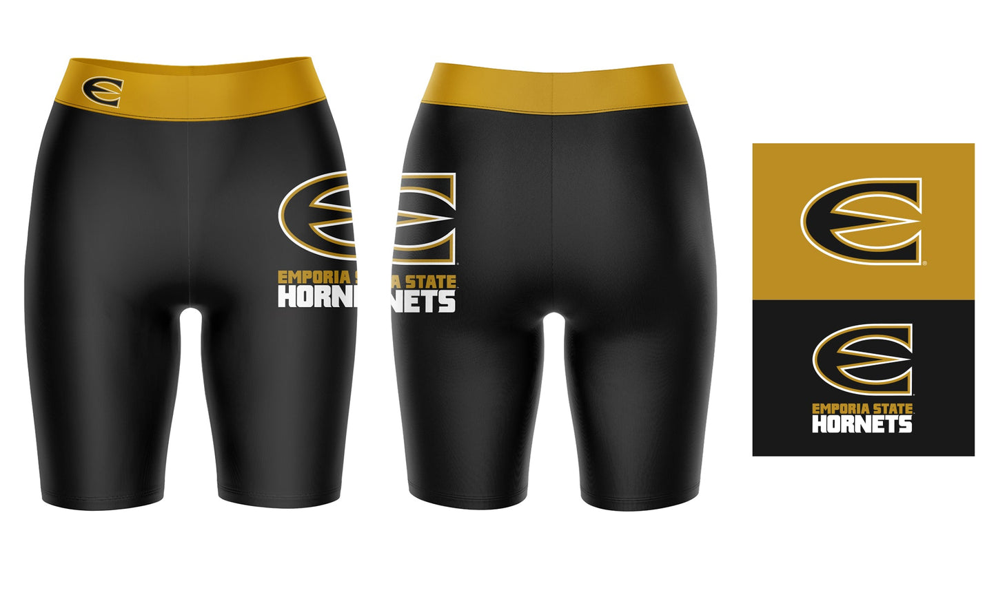 Emporia State Hornets Vive La Fete Game Day Logo on Thigh and Waistband Black and Gold Women Bike Short 9 Inseam