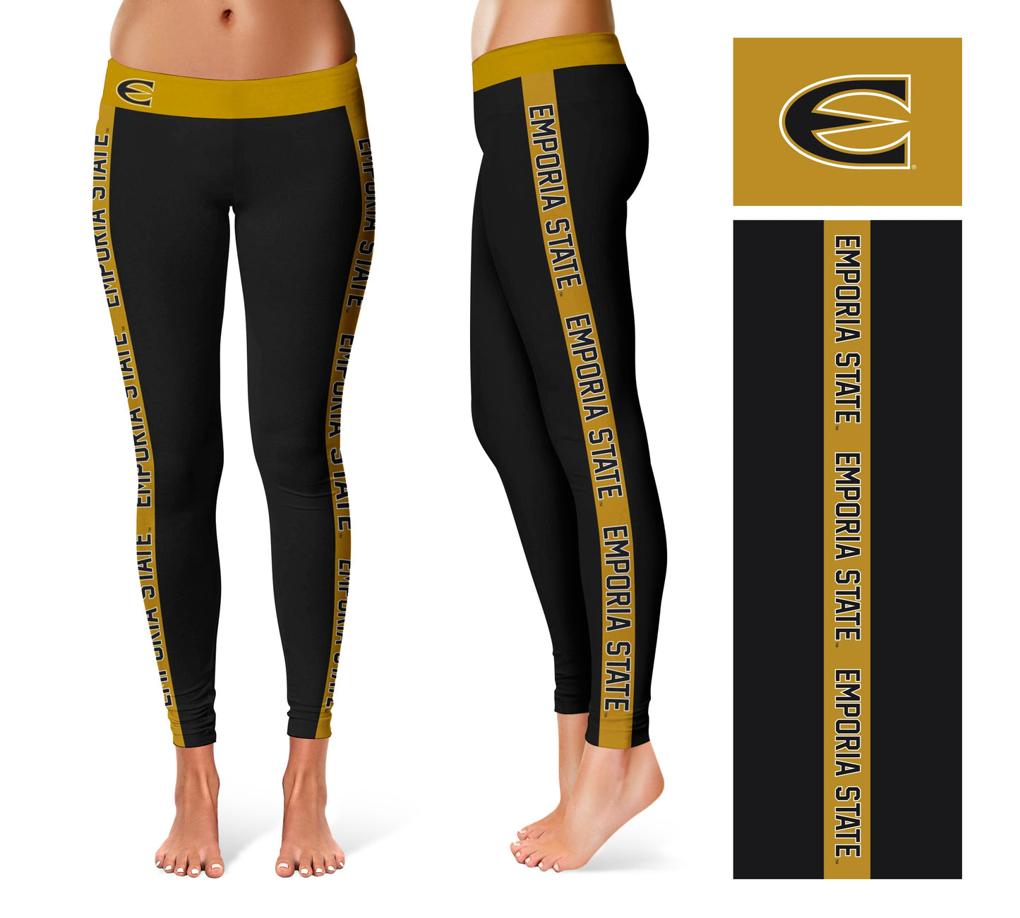 Emporia State University Hornets Vive La Fete Game Day Collegiate Gold Stripes Women Black Yoga Leggings 2 Waist Tights