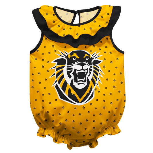 FHSU Tigers Swirls Gold Sleeveless Ruffle One Piece Jumpsuit Logo Bodysuit by Vive La Fete