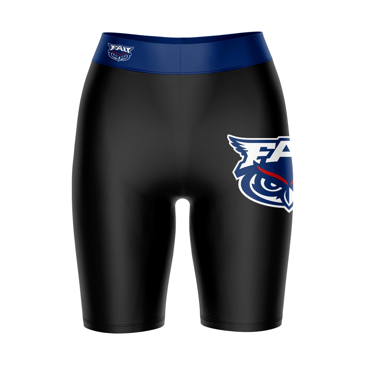 FAU Owls Vive La Fete Game Day Logo on Thigh and Waistband Black and Blue Women Bike Short 9 Inseam"