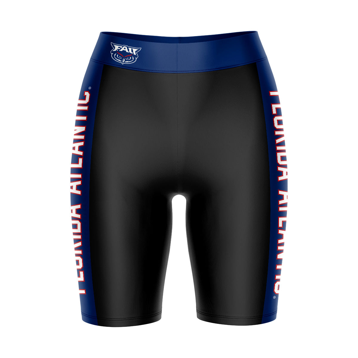 FAU Owls Vive La Fete Game Day Logo on Waistband and Blue Stripes Black Women Bike Short 9 Inseam"
