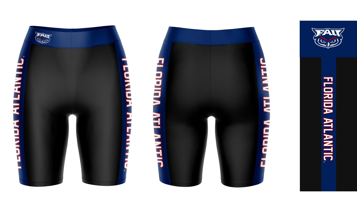 FAU Owls Vive La Fete Game Day Logo on Waistband and Blue Stripes Black Women Bike Short 9 Inseam"