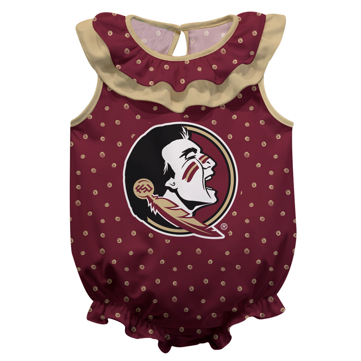 FSU Seminoles Swirls Maroon Sleeveless Ruffle One Piece Jumpsuit Logo Bodysuit by Vive La Fete