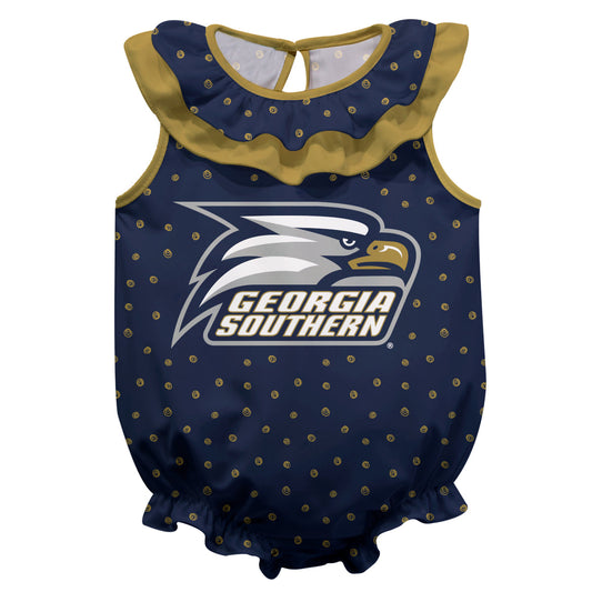 Georgia Southern Eagles Swirls Navy Sleeveless Ruffle One Piece Jumpsuit Logo Bodysuit by Vive La Fete