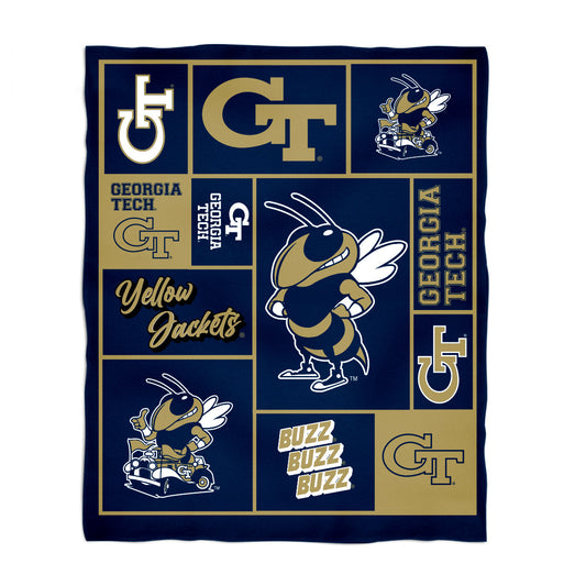 Georgia Tech Yellow Jackets Infant Game Day Block Blue Minky Blanket 36 x 48 Mascot and Name