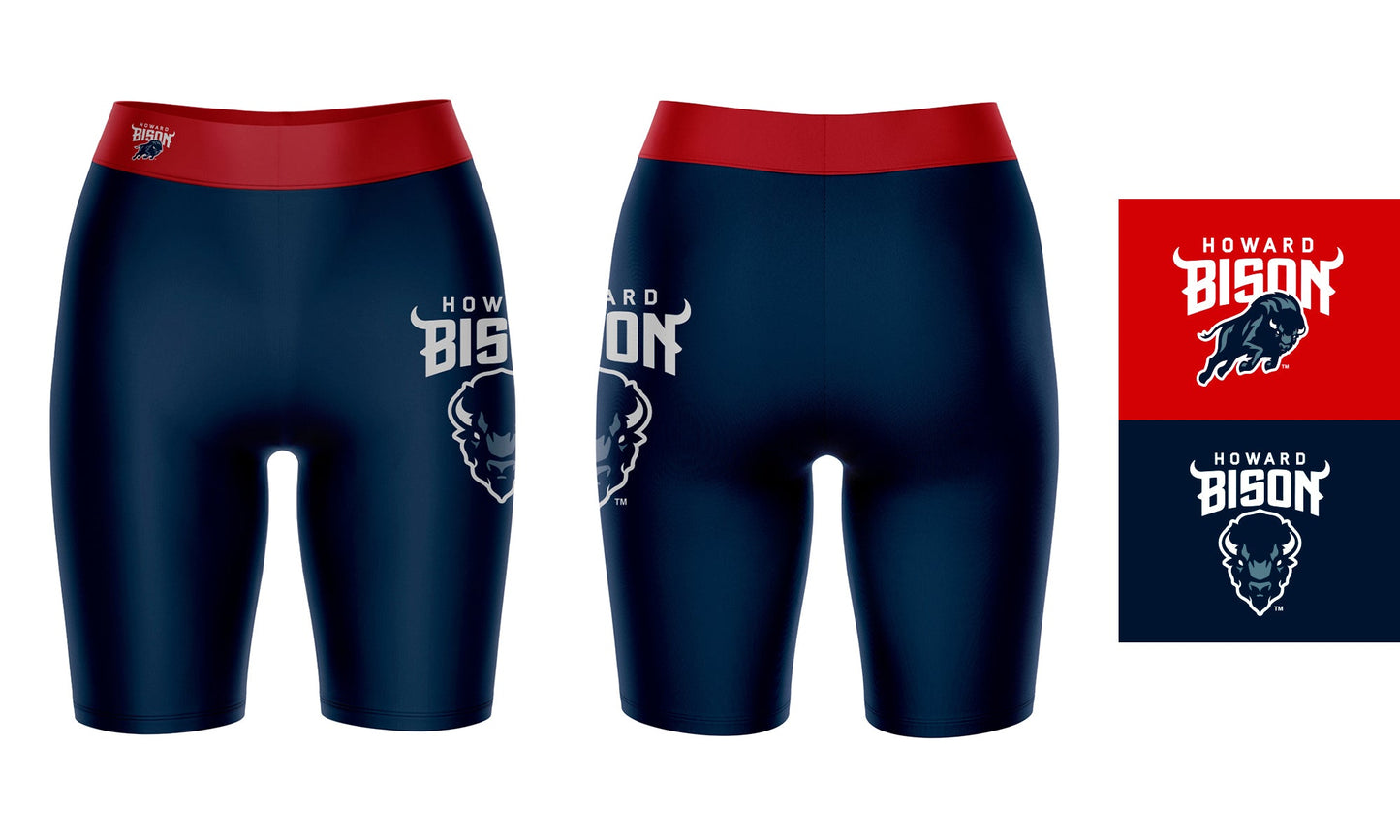 Howard Bison Vive La Fete Game Day Logo on Thigh and Waistband Blue and Red Women Bike Short 9 Inseam
