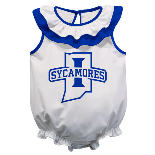 Indiana State Sycamores White Sleeveless Ruffle One Piece Jumpsuit Logo Bodysuit by Vive La Fete