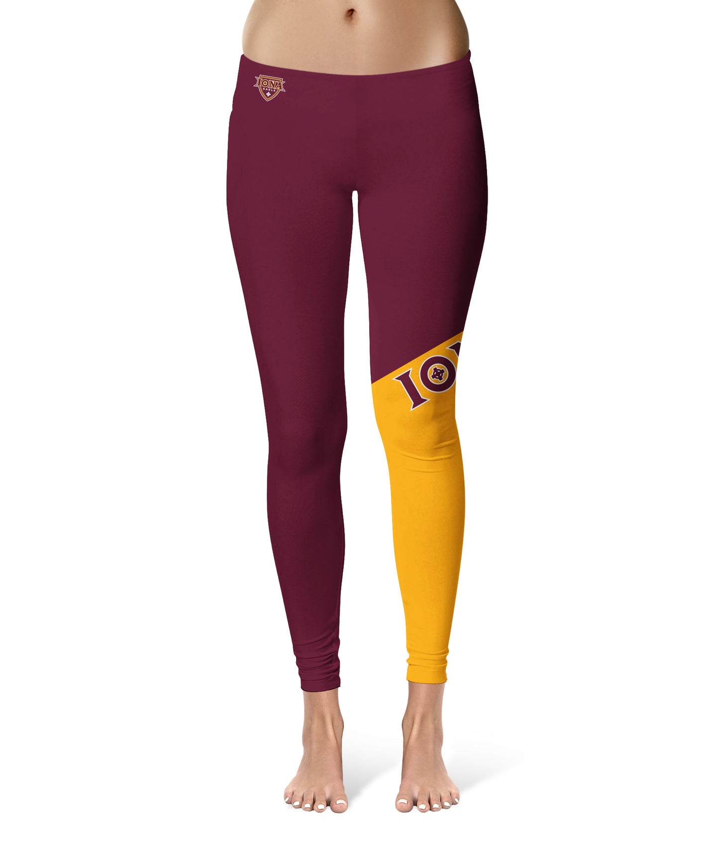 Iona Gaels Vive La Fete Game Day Collegiate Leg Color Block Women Maroon Gold Yoga Leggings