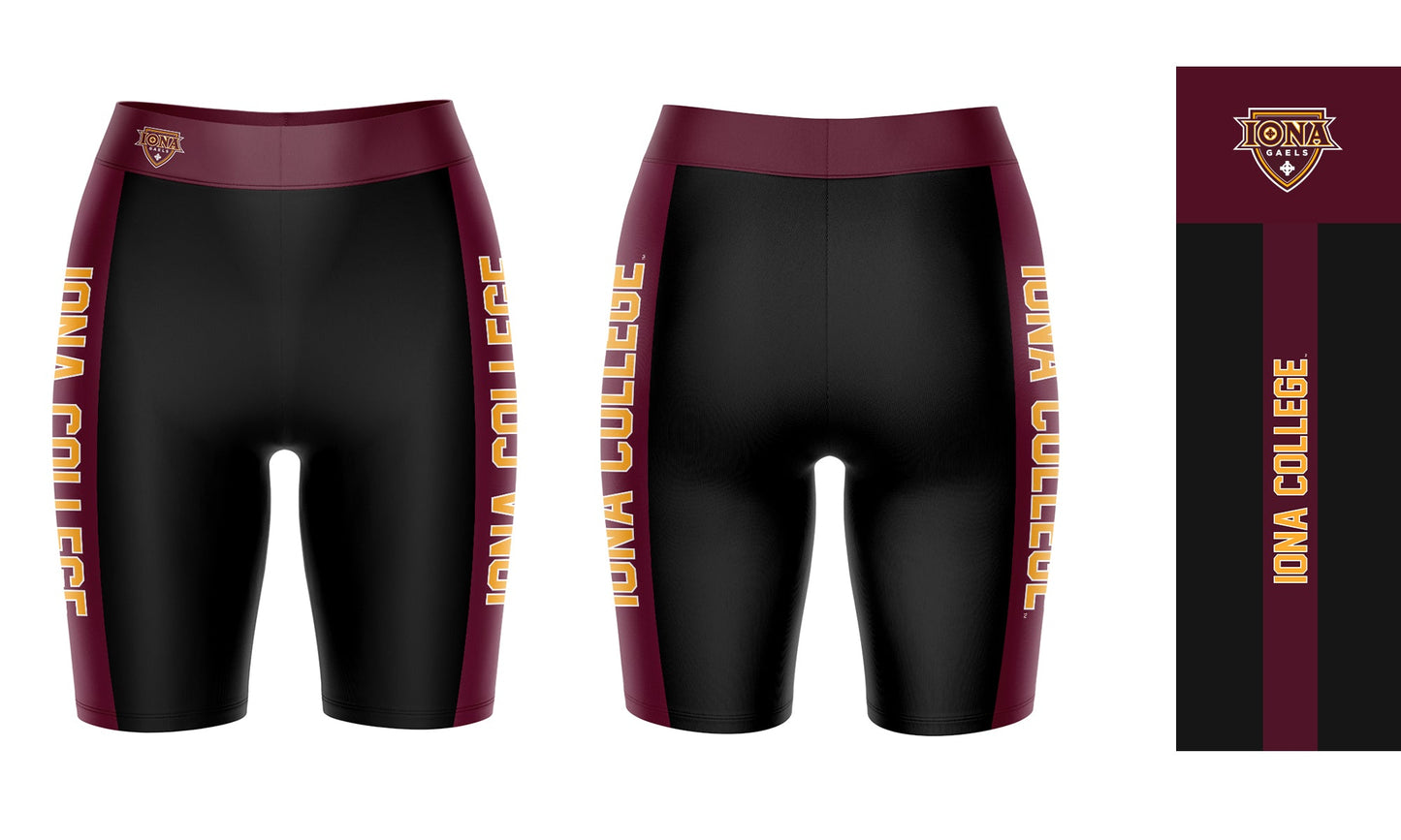Iona Gaels Vive La Fete Game Day Logo on Waistband and Maroon Stripes Black Women Bike Short 9 Inseam