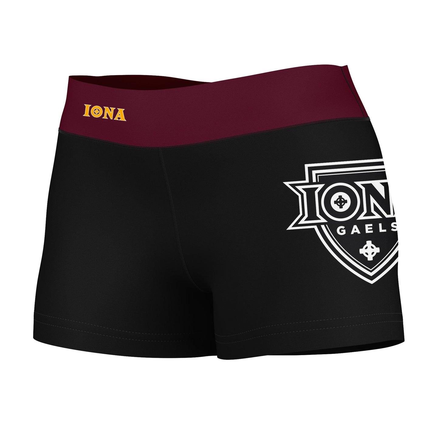 Iona Gaels Vive La Fete Logo on Thigh & Waistband Black & Maroon Women Yoga Booty Workout Shorts 3.75 Inseam