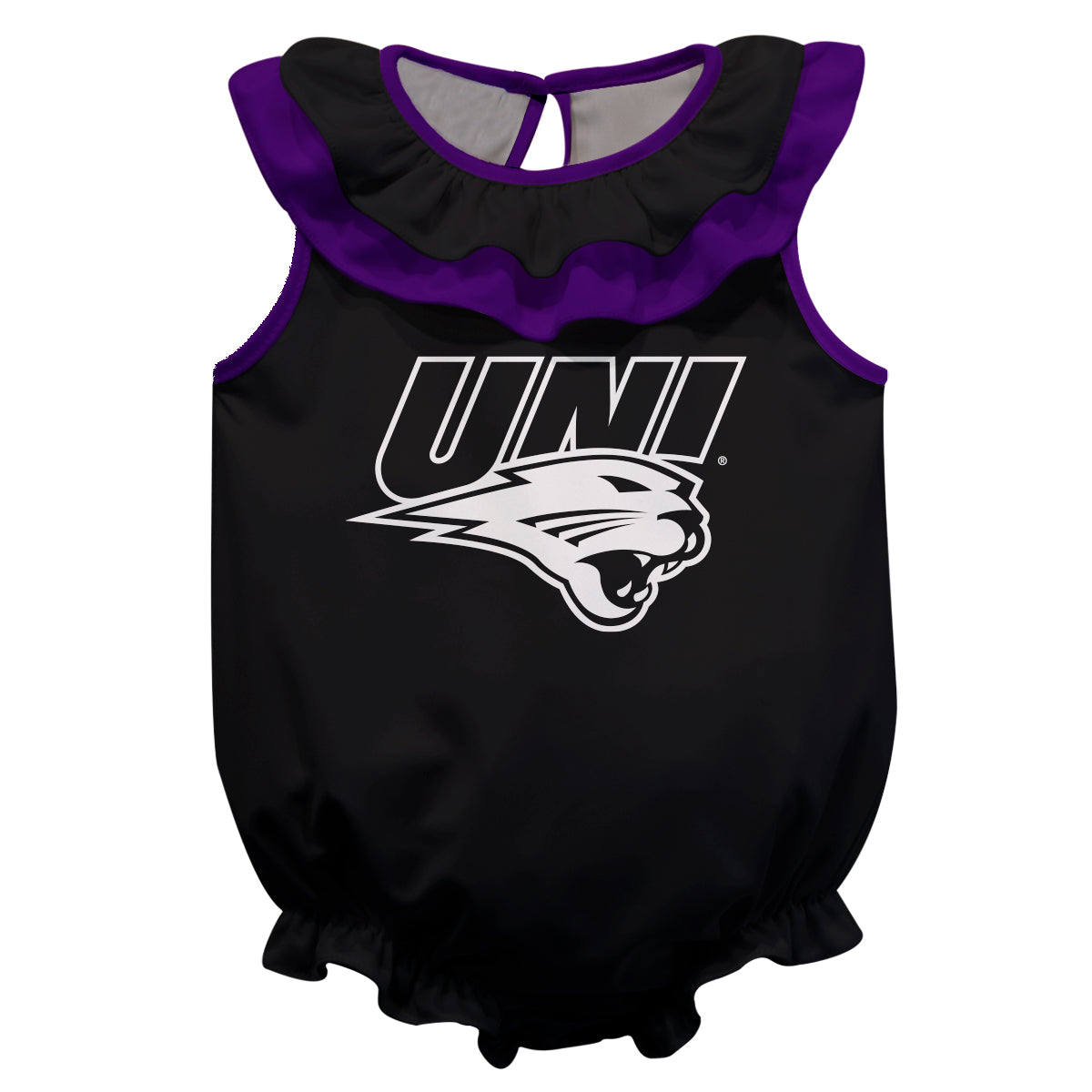 Northern Iowa Panthers Black Sleeveless Ruffle One Piece Jumpsuit Mascot Bodysuit by Vive La Fete