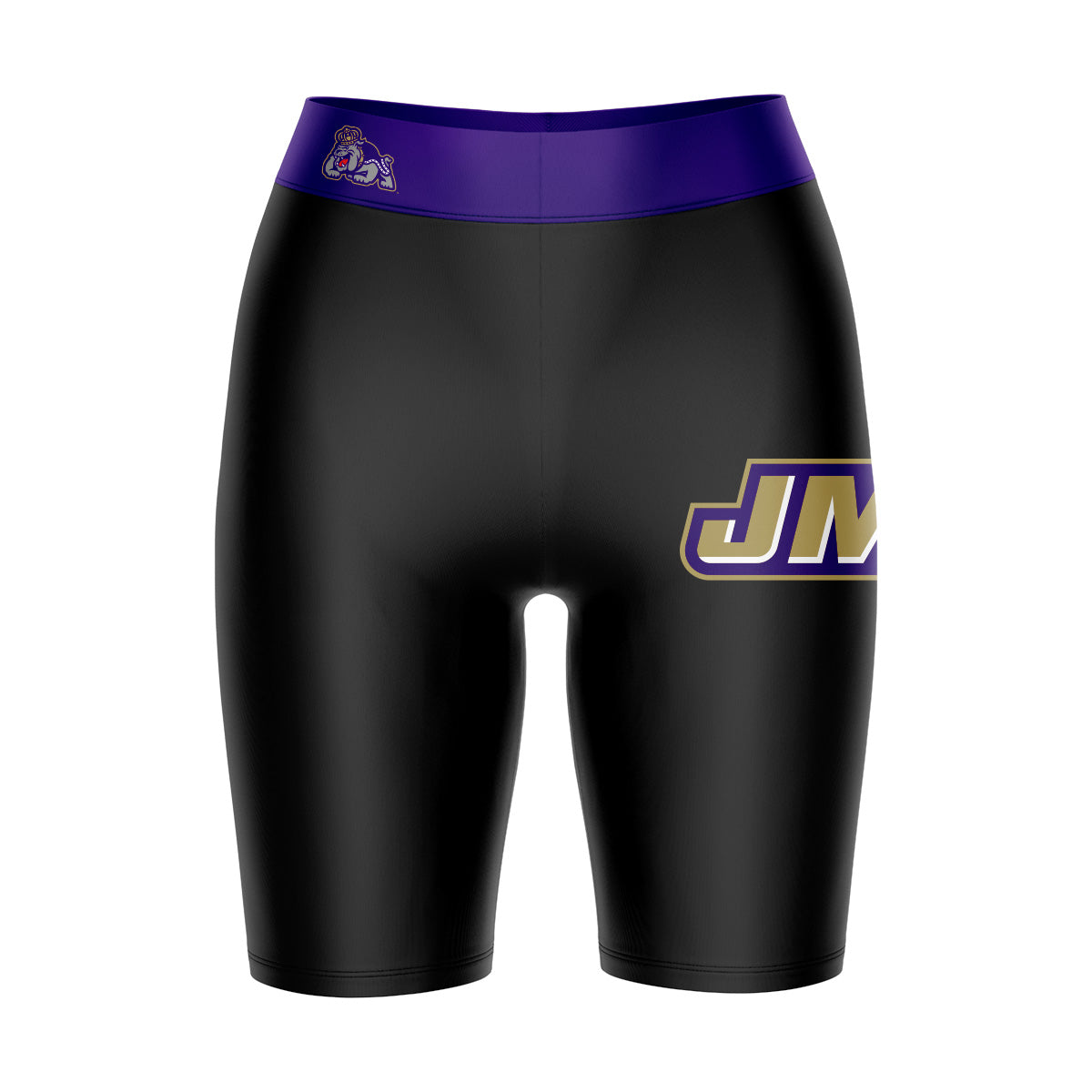 JMU Dukes Vive La Fete Game Day Logo on Thigh and Waistband Black and Purple Women Bike Short 9 Inseam"